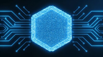 A stylized Keyhole Icon made of glowing blue particles is displayed against a dark background, surrounded by symmetrical blue circuit board patterns in a digital and futuristic design. - Powered by Adobe