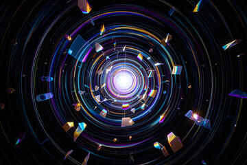 Futuristic abstract background featuring a swirling vortex of light with shimmering iridescent crystal shards floating in a dark cosmic tunnel