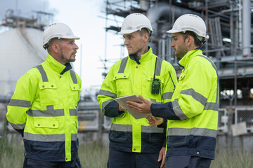 Engineers in safety gear discussing project plans with digital tablet at industrial plant, focusing on teamwork, efficiency, and safety compliance in energy infrastructure.