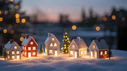 Cozy winter village scene with glowing houses and festive Christmas tree evokes warmth and holiday spirit - Powered by Adobe