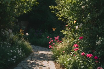 Beautiful home garden in full bloom with colorful flowers and green plants, vibrant backyard landscape with seasonal blossoms, tranquil outdoor nature design for spring summer horticulture inspiration