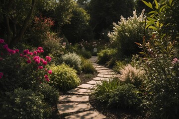Colorful flower garden in residential backyard, vibrant seasonal plants and green turf in full bloom, serene outdoor landscape design with blossoms and foliage, spring horticulture and home gardening