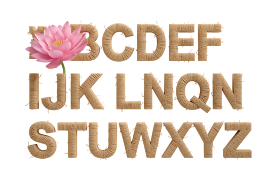 Alphabet letters made of wood texture with a pink flower