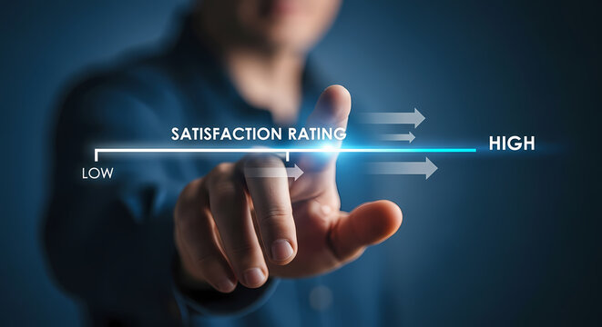 A person's finger points to the high end of a satisfaction rating scale, representing customer happiness and positive feedback.