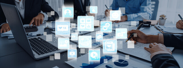 Concept of social media revolutionizes digital communication. This platform enables global...