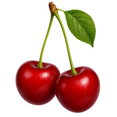 Two fresh, vibrant red cherries with a green leaf, perfect for conveying freshness and natural sweetness. The close-up showcases the cherries in sharp detail
