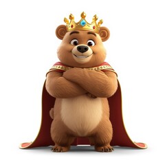 Cartoon bear king with golden crown and red cape arms crossed on white