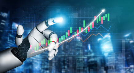A futuristic robotic hand points toward an ascending financial graph, symbolizing technological...