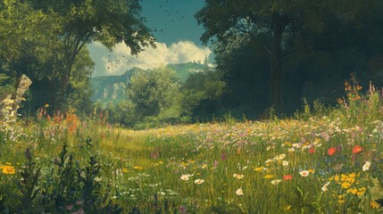 Lush meadow, vibrant flowers, idyllic scene, mountains in background
