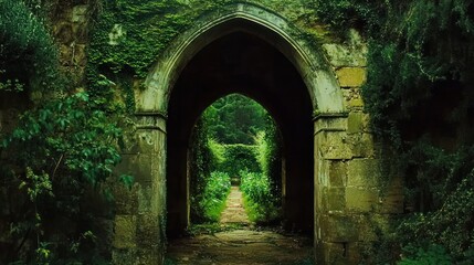 Fototapeta premium Stone archway through overgrown garden