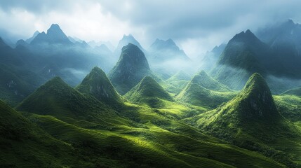 Lush mountain peaks bathed in morning light