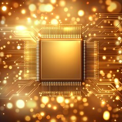 A realistic close-up of a microchip with sharp metallic details, soft background bokeh effect in warm golden tones enhancing the texture 
