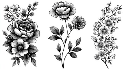 Intricate floral arrangements with detailed ink illustrations of blossoms.