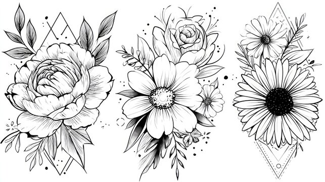 Three floral arrangements with geometric shapes in black and white.