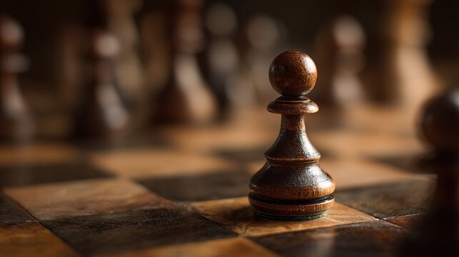 pawn. Chess pawn advanced deep into enemy territory on a wooden board, top-down view. public awareness campaigns, NGO reports, designed for public awareness campaigns and NGO communications.