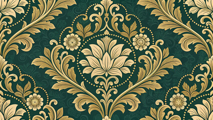 European and Western Victorian Damask Seamless Pattern in Gold on Emerald Green, Ornate Floral Baroque Wallpaper for Luxury Home Decor, Textile Fabric, Packaging and Branding