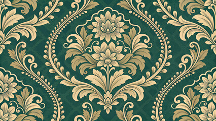 European and Western Victorian Damask Seamless Pattern, ornate gold floral baroque wallpaper on emerald green for luxury home decor, textile fabric, packaging and branding