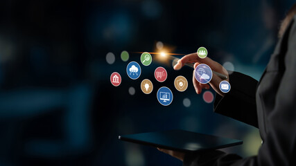 Set of business and digital service icons representing finance, cloud, analytics, email, communication, ecommerce, cybersecurity, and global connectivity in a modern ecosystem Latch