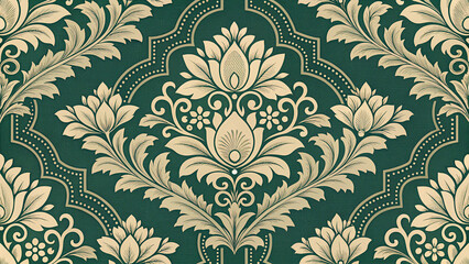 European and Western Victorian Damask Seamless Repeat Pattern – Ornate Floral Baroque Wallpaper in Gold on Emerald Green for Luxury Home Decor, Textile, Packaging, and Branding