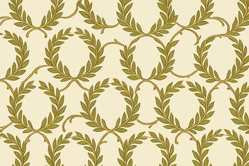 European and Western Victorian Damask Laurel Wreath Seamless Pattern, Vintage Botanical Trellis Wallpaper in Olive Green on Cream for Luxury Home Decor, Textile, Packaging, and Branding