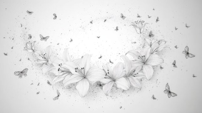 Delicate lily blossoms and butterflies create a graceful artistic border.