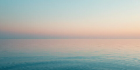 Calm ocean horizon under pastel sunrise sky with soft gradient colors, minimal seascape photography capturing tranquility, balance and peaceful nature in serene morning light
