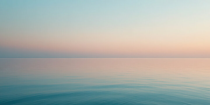 Calm ocean horizon under pastel sunrise sky with soft gradient colors, minimal seascape photography capturing tranquility, balance and peaceful nature in serene morning light
