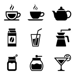 Collection of black silhouette icons representing various beverages and drink-related items including coffee, tea, cocktails, and brewing equipment.