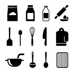 Obraz premium Set of black silhouette icons representing common kitchen utensils and ingredients