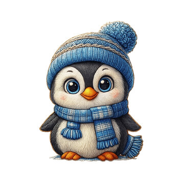 Winter penguin patch embroidery design with transparent background