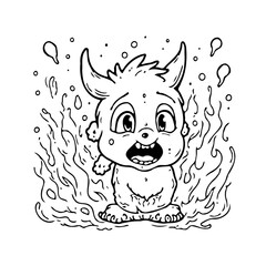 Expressive horned creature amidst stylized flames showcases a whimsically anxious and slightly