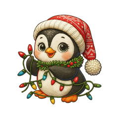 Winter penguin patch embroidery design with transparent background