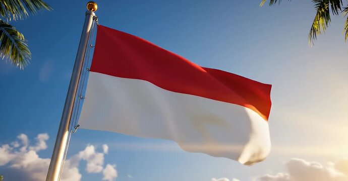 Indonesian flag waving in the wind against a blue sky with some trees.