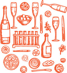 Hand drawn sketch of champagne bottles glasses and appetizers for a celebration or party