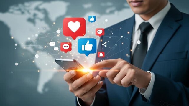 Man in suit using phone; social media icons float above world map backdrop - Powered by Adobe