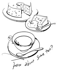 Elegant line art illustration of black tea, chiffon cake, and fresh cream