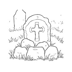 Illustration featuring a tombstone with a carved cross surrounded by rocks and grass in grayscale