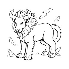 Illustrative zodiac creature bull with stylized clouds evokes fantasy drawing style on clear