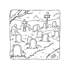 Ink drawing showcasing a quiet cemetery landscape with weathered headstones under a serene sky and