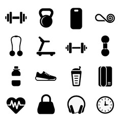 Obraz premium Collection of fitness and wellness icons including weights, kettlebell, treadmill, water bottle, sneakers, protein shake, heart rate monitor, headphones, and clock