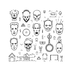 Fototapeta premium Monochrome graphic vector illustration showcasing various spooky and quirky face expressions and