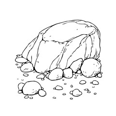 Monochrome illustration of a large boulder surrounded by smaller stones evokes a natural scene for