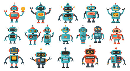 Fototapeta premium An expansive and colorful collection of unique cartoon robots featuring various designs, expressions, and mechanical details on a white background.