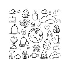 Nature's bounty illustrated in charming doodles showcasing earth, plants, architecture and natural