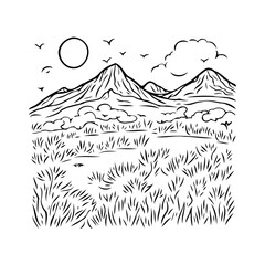Fototapeta premium Scenic mountain vista sketch with sun birds foliage creating serene landscape for natural art