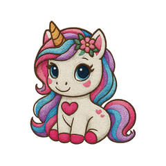 Cute unicorn patch embroidery design with transparent background