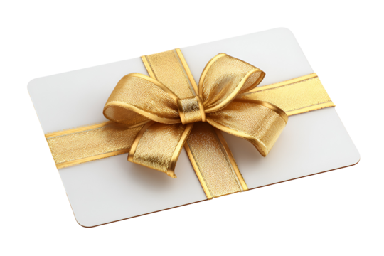 White gift card with a golden ribbon and bow isolated on transparent background