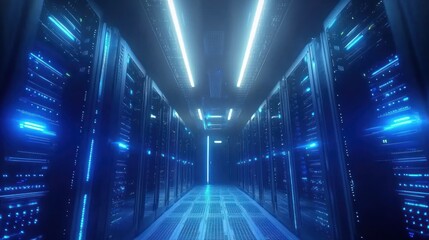 Fototapeta premium Server room illuminated by blue light