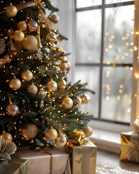 Cozy Christmas Tree Decoration by the Window &ndash; Warm Holiday Interior Scene