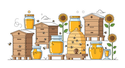 An illustration of an apiary scene featuring various beehives, jars of golden honey, busy bees, and bright sunflowers.
